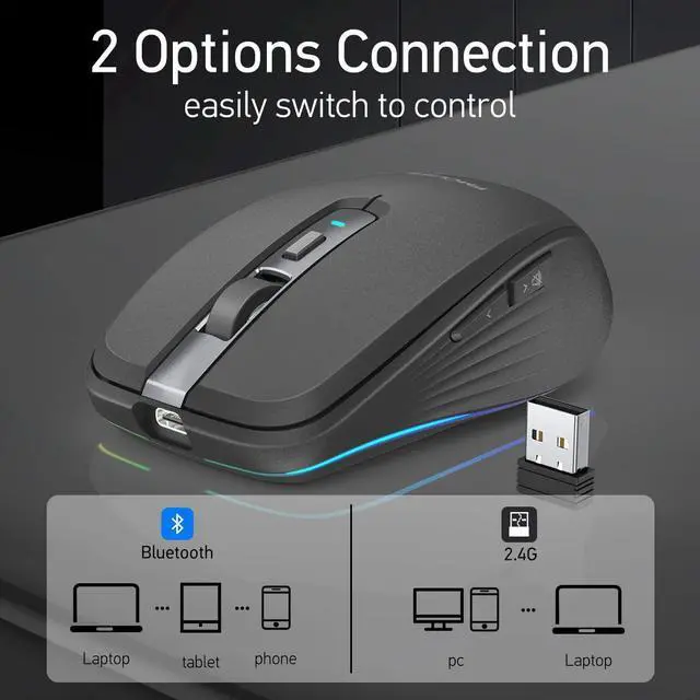 Alt view image 4 of 7 - Rechargeable Wireless Mouse, Silent Mouse with RGB Lights Gaming Mice, 2.4G Wireless & Bluetooth 5.1 Dual Mode 2400 DPI USB-C 700mAh Battery, Ergonomic Mouse for PC, Computer, Laptop, Desktop (Black)