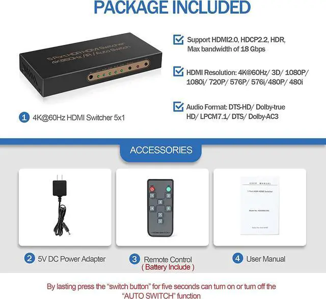 Alt view image 5 of 7 - 4K @60HZ HDMI Switch 5x1, HDMI 2.0 Switch 5 in 1 Out, 4K HDMI Switch with Remote Control Support Auto Switch, 3D, HDR 10, 18Gbps, HDCP 2.2 for PS5, Xbox, DVD, Monitor