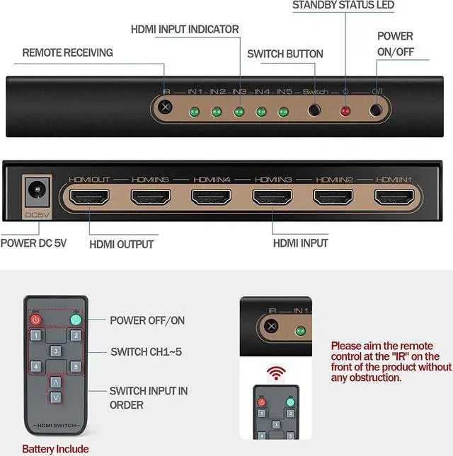 Alt view image 6 of 7 - 4K @60HZ HDMI Switch 5x1, HDMI 2.0 Switch 5 in 1 Out, 4K HDMI Switch with Remote Control Support Auto Switch, 3D, HDR 10, 18Gbps, HDCP 2.2 for PS5, Xbox, DVD, Monitor