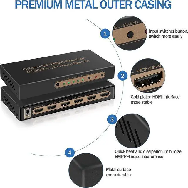 Alt view image 4 of 7 - 4K @60HZ HDMI Switch 5x1, HDMI 2.0 Switch 5 in 1 Out, 4K HDMI Switch with Remote Control Support Auto Switch, 3D, HDR 10, 18Gbps, HDCP 2.2 for PS5, Xbox, DVD, Monitor