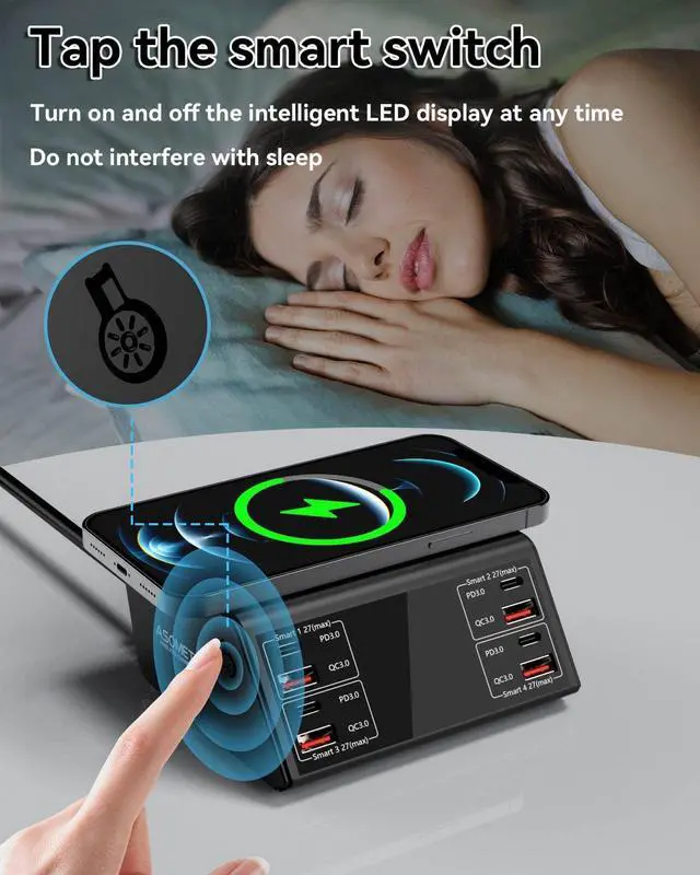 Alt view image 6 of 7 - USB Charger, 100W 8 Port Multiple USB Charging Station with 4 Quick Charge 3.0, 4 USB C PD Port, Wireless Charger, LCD Display Fast USB Charging Hub for i-Phone 13 12 i-Pad Sam-sung and More