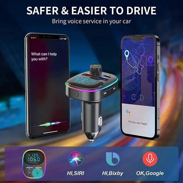 Alt view image 6 of 7 - Bluetooth FM Transmitter, FM Transmitter for Car, Hands Free Calling Wireless Car Adapter, Support PD QC3.0 USB Car Charger, Radio Adapter Music Player FM Car Kit, 7 Colors LED Backlit