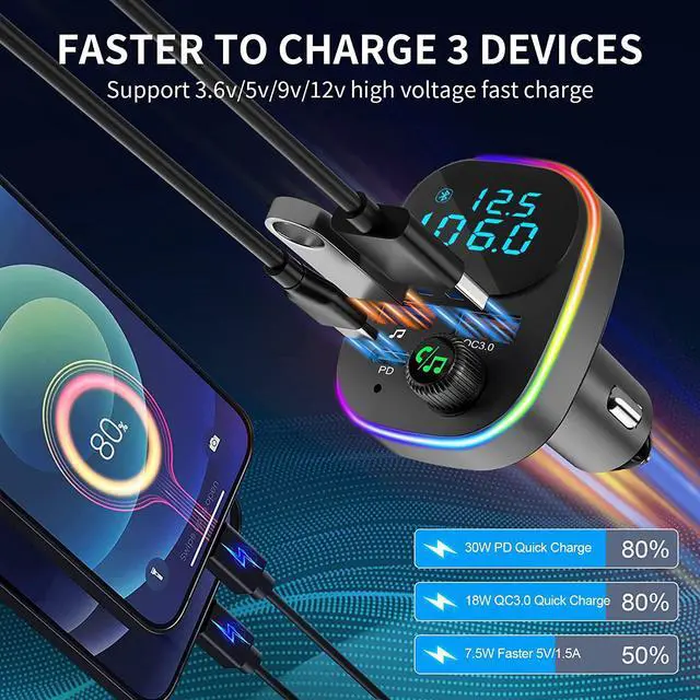Alt view image 4 of 7 - Bluetooth FM Transmitter, FM Transmitter for Car, Hands Free Calling Wireless Car Adapter, Support PD QC3.0 USB Car Charger, Radio Adapter Music Player FM Car Kit, 7 Colors LED Backlit
