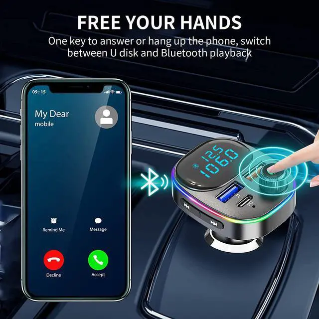 Alt view image 7 of 7 - Bluetooth FM Transmitter, FM Transmitter for Car, Hands Free Calling Wireless Car Adapter, Support PD QC3.0 USB Car Charger, Radio Adapter Music Player FM Car Kit, 7 Colors LED Backlit