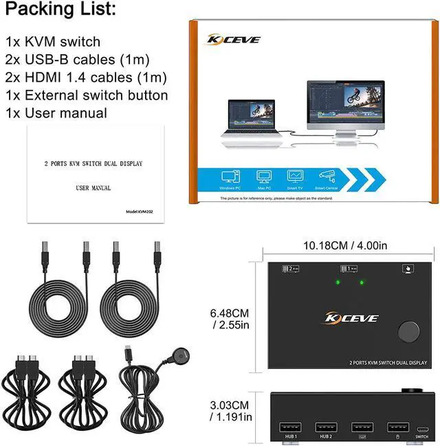 Alt view image 7 of 8 - Dual Monitor KVM Switch HDMI 2 Port 4K@30Hz, 2 In 2 Out 2 Monitor KVM Switch USB HDMI Extended Display Switcher for 2 PCs Share 2 Monitors and 4 USB 2.0 Hub, Desktop Controller and USB Cables Included
