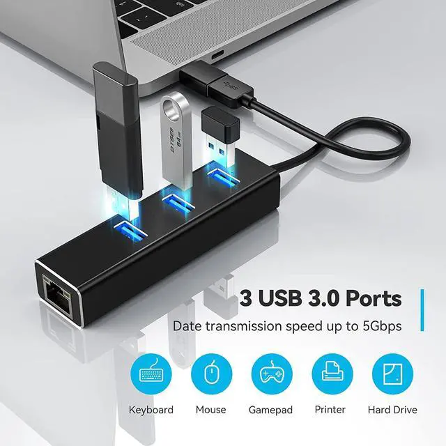 Alt view image 4 of 8 - USB 3.0 to Ethernet Adapter, Aluminum USB 3.0 Hub with 3 Port USB 3.0, 10/100/1000Mbps Gigabit RJ45 Network LAN USB Hub with Type C Adapter for Windows 7/8/8.1/10, Linux, Vista, Mac OS etc