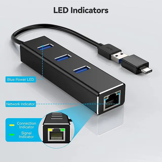 Alt view image 5 of 8 - USB 3.0 to Ethernet Adapter, Aluminum USB 3.0 Hub with 3 Port USB 3.0, 10/100/1000Mbps Gigabit RJ45 Network LAN USB Hub with Type C Adapter for Windows 7/8/8.1/10, Linux, Vista, Mac OS etc