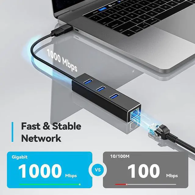 Alt view image 3 of 8 - USB 3.0 to Ethernet Adapter, Aluminum USB 3.0 Hub with 3 Port USB 3.0, 10/100/1000Mbps Gigabit RJ45 Network LAN USB Hub with Type C Adapter for Windows 7/8/8.1/10, Linux, Vista, Mac OS etc