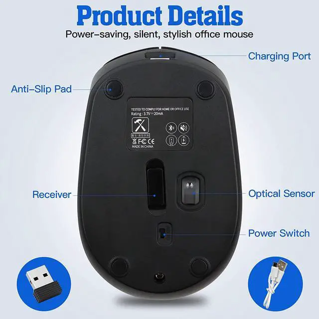 Alt view image 7 of 7 - 2.4G & Bluetooth Wireless Mouse for Laptop Rechargeable Computer Mouse, Dual Mode Bluetooth Mouse, Multi-Device Connection Silent Mouse Ergonomic Mice for Office Desktop Mac Android Windows (Black)