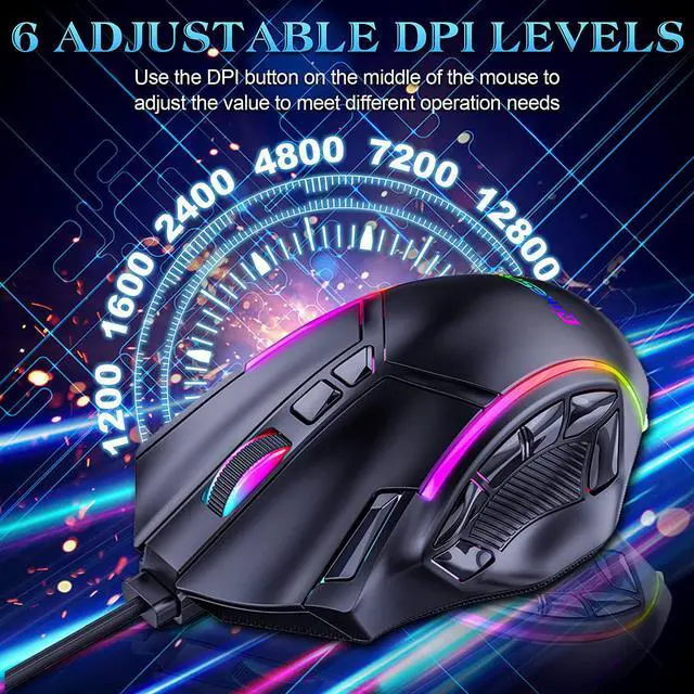 Alt view image 4 of 7 - USB Wired Gaming Mouse, 6 Adjustable DPI [12800 DPI] Computer Mouse, Optical Sensor 13 RGB Mouse, Gaming Mouse Wired with 12 Programmable Buttons, Ergonomic PC Gaming Wired Mouse for Laptop Desktop PC