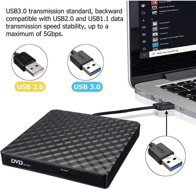 Alt view image 5 of 7 - Portable USB 3.0 External CD DVD Drive, 8X DVD+-R/RW DVD Burner for Acer 5 Nitro Aspire 5 E 15 Inspire E15 Laptop Computer, Super Super Multi 24X CD-RW Writer Black Plaid Pattern