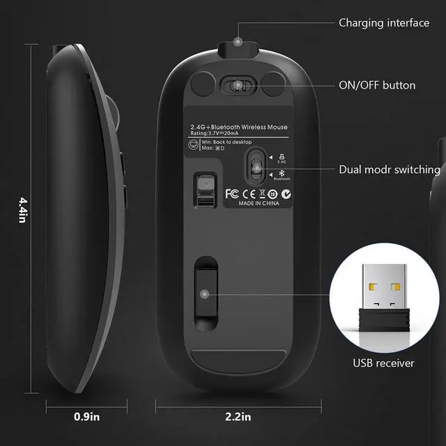Alt view image 6 of 7 - 2.4Ghz Bluetooth Mouse, Rechargeable Wireless Mouse with Dual Mode (Bluetooth 5.0 + 2.4G Wireless), Ergonomic Portable Silent Wireless Optical Mouse for Laptop Desktop Windows Mac iOS (Gray)