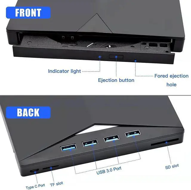 Alt view image 2 of 7 - External DVD Drive with 4 USB 3.0 Ports SD/TF Port, 6-in-1 USB 3.0 & Type C Slim Portable CD/DVD ±RW, External CD/DVD Burner for Laptop Desktop PC Windows Linux MacOS