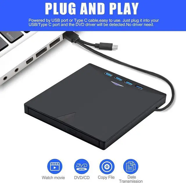 Alt view image 4 of 7 - External DVD Drive with 4 USB 3.0 Ports SD/TF Port, 6-in-1 USB 3.0 & Type C Slim Portable CD/DVD ±RW, External CD/DVD Burner for Laptop Desktop PC Windows Linux MacOS