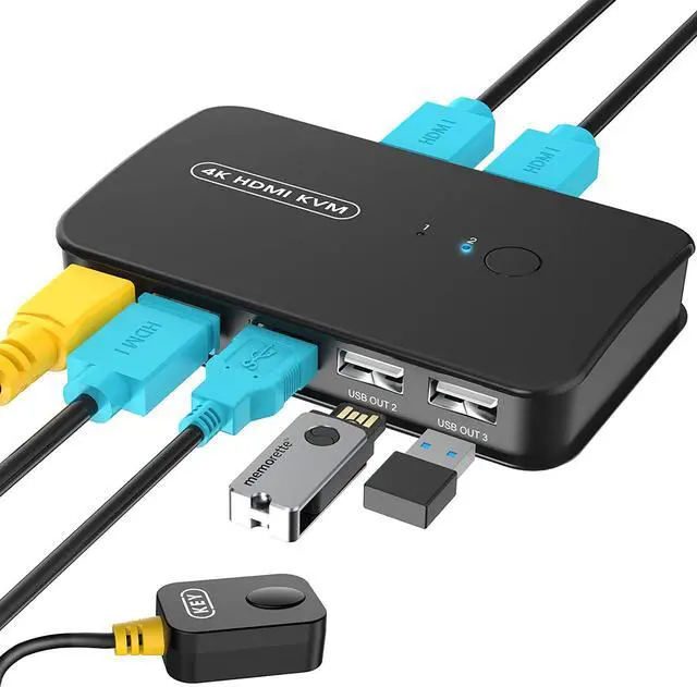 Main image of 2 Port HDMI KVM Switch USB Selector for 2 Computers Sharing Mouse Keyboard Printer to One 4K HD Monitor, KVM Switch HDMI 2 in 1 Out, Wired Controller & HDMI KVM Cables Included