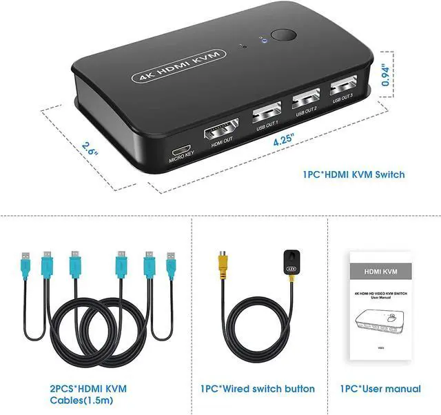 Alt view image 7 of 8 - 2 Port HDMI KVM Switch USB Selector for 2 Computers Sharing Mouse Keyboard Printer to One 4K HD Monitor, KVM Switch HDMI 2 in 1 Out, Wired Controller & HDMI KVM Cables Included