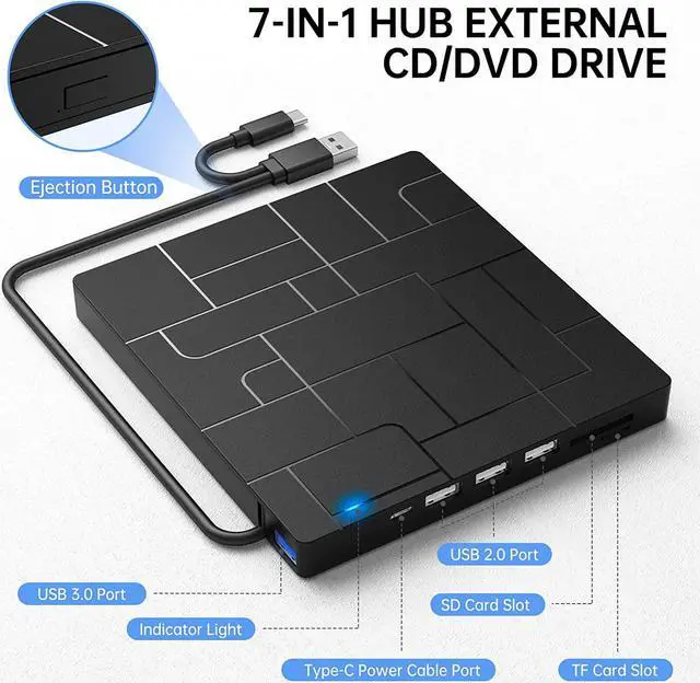 Alt view image 2 of 7 - External CD DVD Drive, USB 3.0 & USB C High Speed Data Transfer Ultra Slim Portable DVD-ROM CD-RW Player, 6-in1 External CD DVD Burner for Laptop with 4 USB Ports, SD/TF Card Slots,1 Type-C Ports