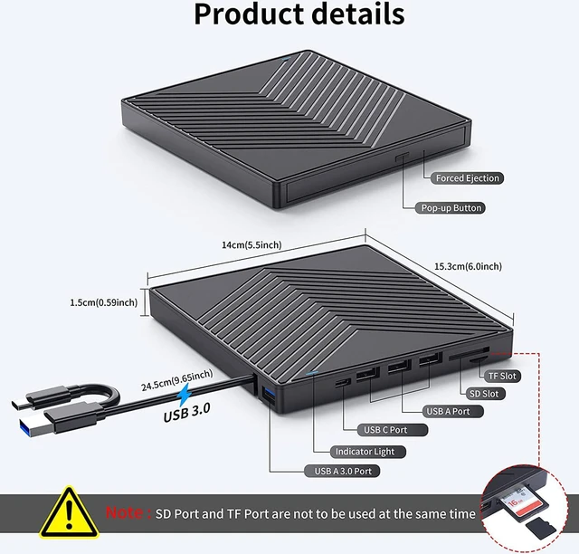Alt view image 2 of 6 - External CD DVD Drive - CD/DVD Drive External USB 3.0 & Type-C with 4 USB Ports and 2 TF/SD Card Slots CD Drive External CD DVD Burner Optical Drive for Laptop Desktop MacOS Windows Linux