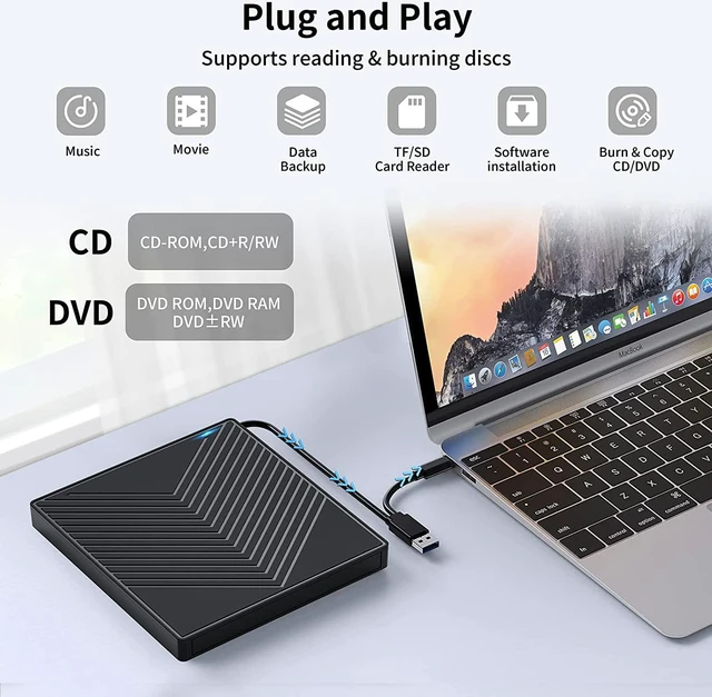 Alt view image 3 of 6 - External CD DVD Drive - CD/DVD Drive External USB 3.0 & Type-C with 4 USB Ports and 2 TF/SD Card Slots CD Drive External CD DVD Burner Optical Drive for Laptop Desktop MacOS Windows Linux