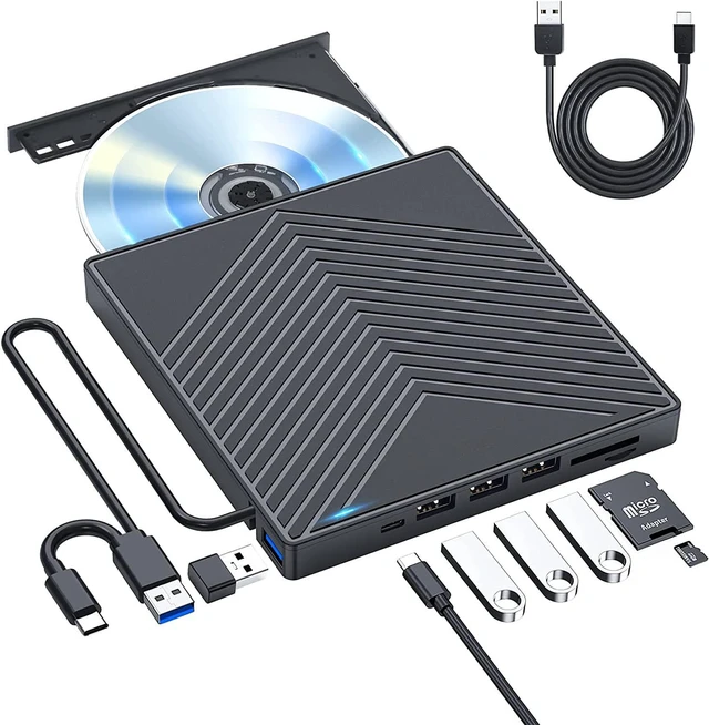 Main image of External CD DVD Drive - CD/DVD Drive External USB 3.0 & Type-C with 4 USB Ports and 2 TF/SD Card Slots CD Drive External CD DVD Burner Optical Drive for Laptop Desktop MacOS Windows Linux