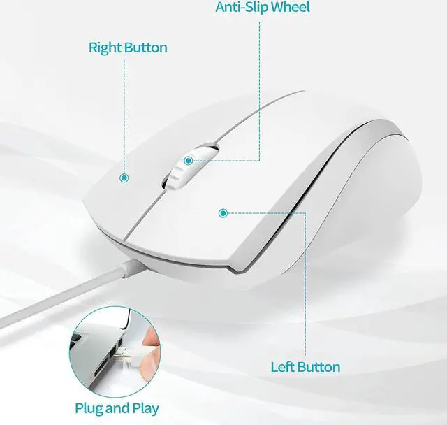 Alt view image 2 of 7 - Silent USB Wired Mouse, 1000 DPI 5ft Cord Quiet Button Optical Computer Mouse, Left Right Hand Use, for Laptop Chromebook MacOS Notebook (White)