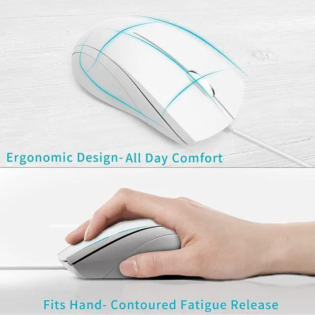 Alt view image 3 of 7 - Silent USB Wired Mouse, 1000 DPI 5ft Cord Quiet Button Optical Computer Mouse, Left Right Hand Use, for Laptop Chromebook MacOS Notebook (White)
