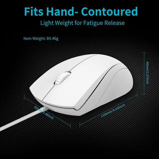 Alt view image 7 of 7 - Silent USB Wired Mouse, 1000 DPI 5ft Cord Quiet Button Optical Computer Mouse, Left Right Hand Use, for Laptop Chromebook MacOS Notebook (White)
