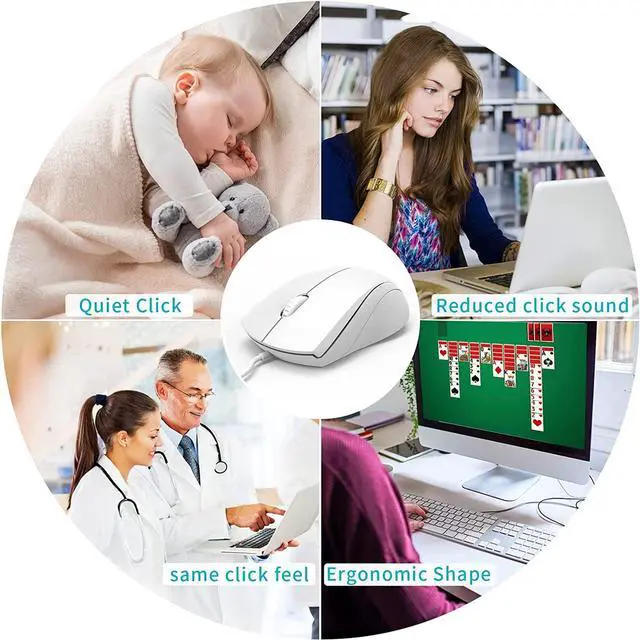 Alt view image 6 of 7 - Silent USB Wired Mouse, 1000 DPI 5ft Cord Quiet Button Optical Computer Mouse, Left Right Hand Use, for Laptop Chromebook MacOS Notebook (White)