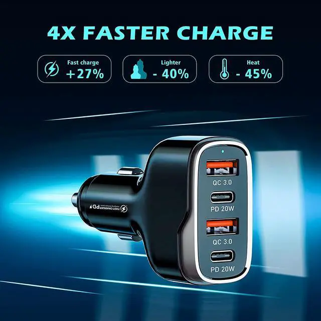 Alt view image 2 of 6 - 4 Ports USB C Car Charger 40W Fast Charging Cigarette Lighter Adapter, Dual QC 3.0 18W & PD 20W Android Car Phone Charger Compatible with IOS Android Smartphones...