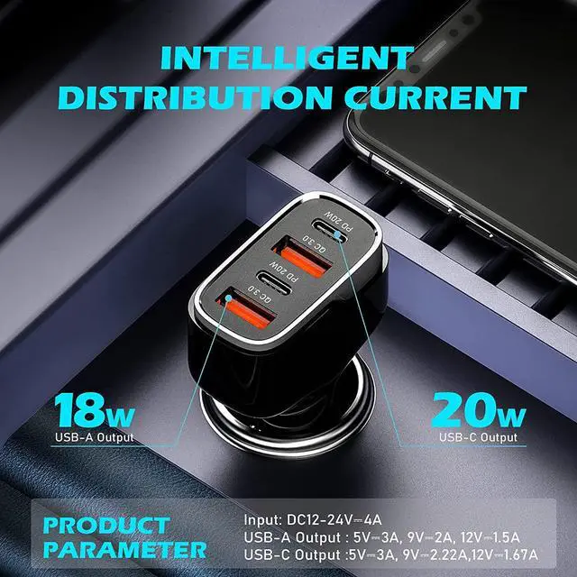 Alt view image 3 of 6 - 4 Ports USB C Car Charger 40W Fast Charging Cigarette Lighter Adapter, Dual QC 3.0 18W & PD 20W Android Car Phone Charger Compatible with IOS Android Smartphones...