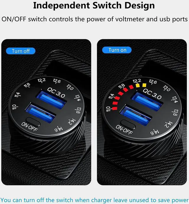 Alt view image 5 of 7 - Car Charger, 36W Fast Car Charger Adapter, Dual USB Car Charger Fast Charge with Colorful Voltmeter & ON/Off Switch (Black)