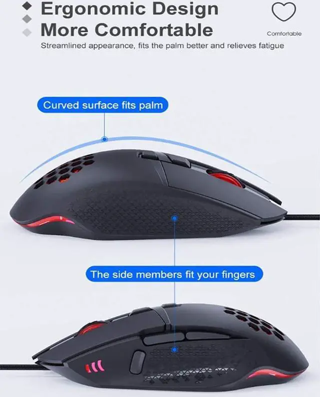 Alt view image 6 of 7 - Gaming Mouse, Wired Mouse with RGB Backlight Cellular Design 8 Buttons 7200 DPI 4-Level Adjustable USB Port Mouse, Computer Optical Ergonomic PC Gaming Mice Compatible with Windows MacOS (Black)