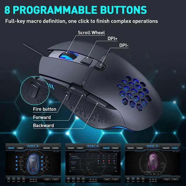 Alt view image 5 of 7 - Gaming Mouse, Wired Mouse with RGB Backlight Cellular Design 8 Buttons 7200 DPI 4-Level Adjustable USB Port Mouse, Computer Optical Ergonomic PC Gaming Mice Compatible with Windows MacOS (Black)