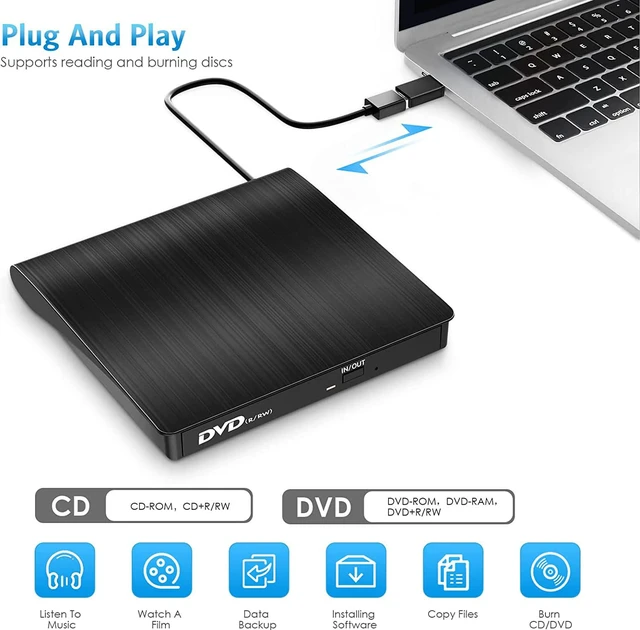 Alt view image 2 of 7 - External CD DVD Drive, External CD/DVD-RW Burner Optical DVD Drive USB 3.0 & Type-C, External CD Drive for Laptop, Desktop PC, Compatible with Windows 11/10/8/7/XP, Vista 7/8, Linux, MacOS (Black)