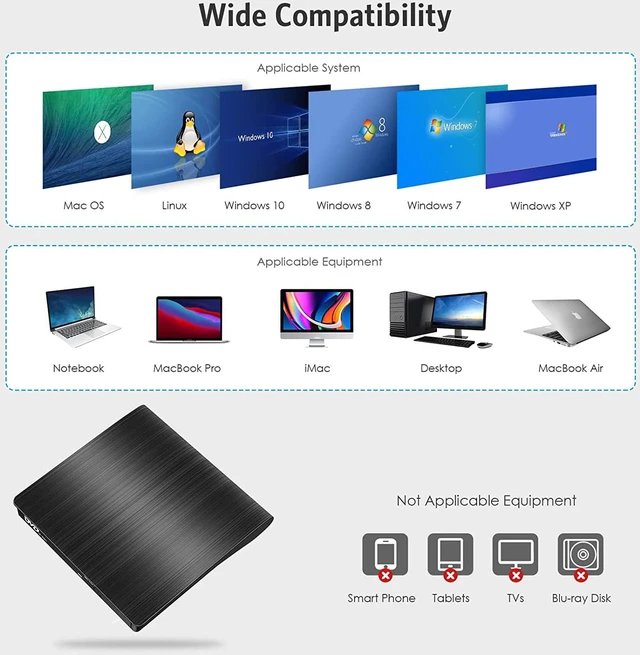 Alt view image 4 of 7 - External CD DVD Drive, External CD/DVD-RW Burner Optical DVD Drive USB 3.0 & Type-C, External CD Drive for Laptop, Desktop PC, Compatible with Windows 11/10/8/7/XP, Vista 7/8, Linux, MacOS (Black)