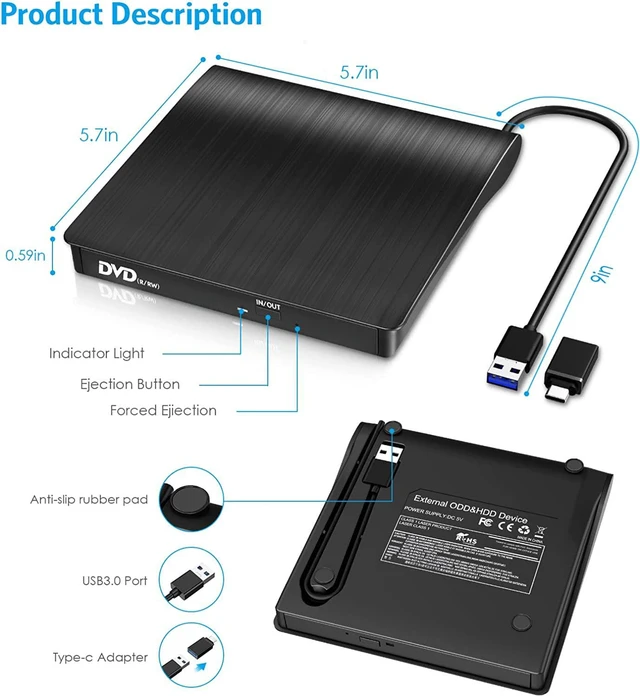 Alt view image 6 of 7 - External CD DVD Drive, External CD/DVD-RW Burner Optical DVD Drive USB 3.0 & Type-C, External CD Drive for Laptop, Desktop PC, Compatible with Windows 11/10/8/7/XP, Vista 7/8, Linux, MacOS (Black)