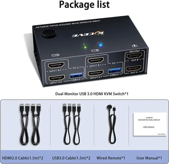 Alt view image 7 of 8 - 2 Port 4K @60Hz Dual Monitor HDMI KVM Switch with USB 3.0 Port Simulation EDID, USB HDMI Extended Display Switcher for 2 Computers Share 2 Monitors and 4 USB 3.0 Devices, with Wired Controller&Cables