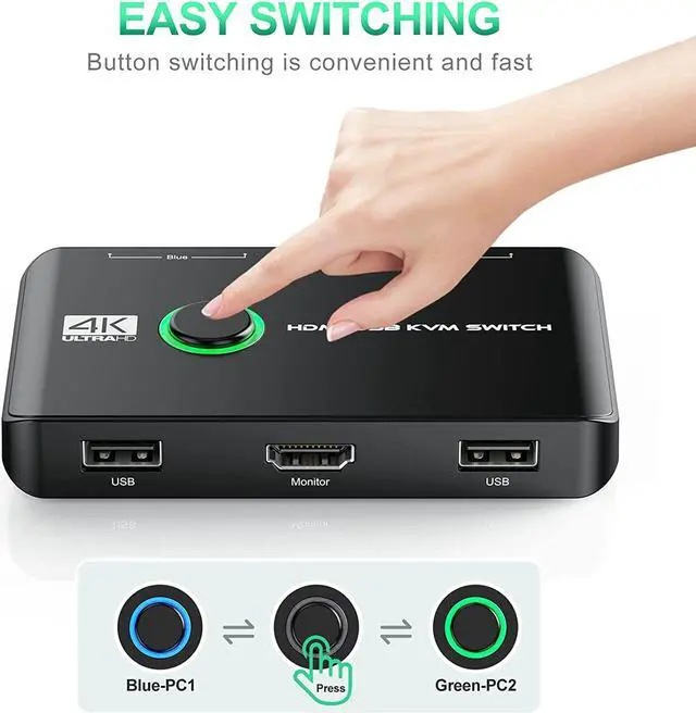 Alt view image 5 of 7 - 4K HDMI USB KVM Switch 2 Port Box, USB HDMI-Compatible Switches for 2 Computers Share Keyboard Mouse Printer and one HD Monitor, Support 4K @60Hz, with 2 USB Cables and 2 HDMI-Compatible Cables