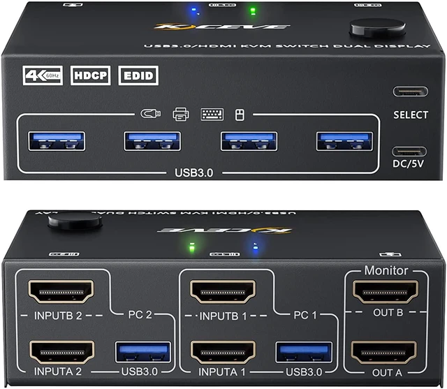 Main image of Dual Monitor USB 3.0 HDMI KVM Switch 2 Computers 2 Monitors, Dual Monitor HDMI KVM Switcher USB 3.0 Version, 4K @60Hz HD Resolution, Support Copy and Extended Display