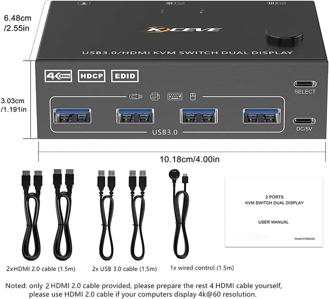Alt view image 7 of 7 - Dual Monitor USB 3.0 HDMI KVM Switch 2 Computers 2 Monitors, Dual Monitor HDMI KVM Switcher USB 3.0 Version, 4K @60Hz HD Resolution, Support Copy and Extended Display