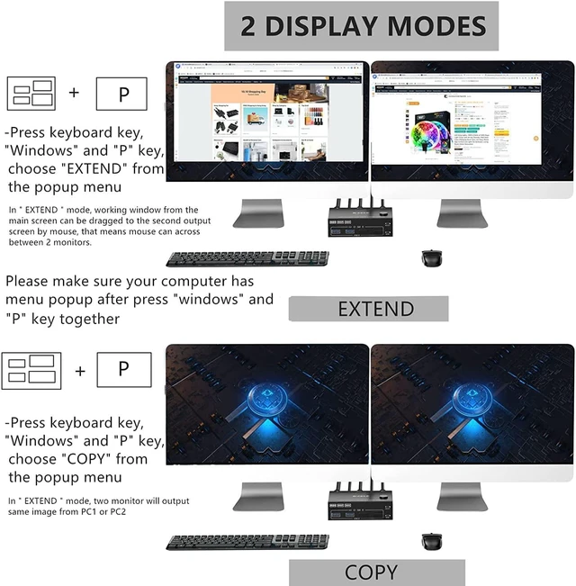 Alt view image 4 of 7 - Dual Monitor USB 3.0 HDMI KVM Switch 2 Computers 2 Monitors, Dual Monitor HDMI KVM Switcher USB 3.0 Version, 4K @60Hz HD Resolution, Support Copy and Extended Display