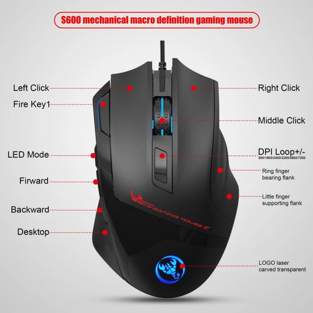 Alt view image 6 of 7 - Wired Gaming Mouse, Macro Programming 6 RGB Luminous Mouse for Gamer, 6 Adjustable DPI up to 7200dpi, 9 Programmable Buttons Ergonomic Optical Gaming Mouse for PC Gamer Gamer Computer