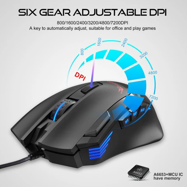 Alt view image 5 of 7 - Wired Gaming Mouse, Macro Programming 6 RGB Luminous Mouse for Gamer, 6 Adjustable DPI up to 7200dpi, 9 Programmable Buttons Ergonomic Optical Gaming Mouse for PC Gamer Gamer Computer