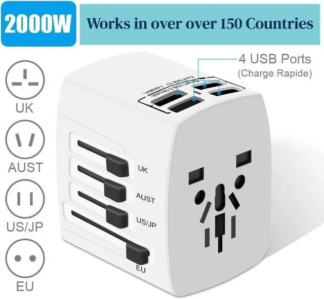 Alt view image 2 of 6 - Worldwide Universal Travel Power Adapter, 2000W International Adaptor with 4 USB Ports, UK/ EU/ AU/ US (200+ Countries) All-in-One Power Socket Wall Charger for America European Asia China (White)