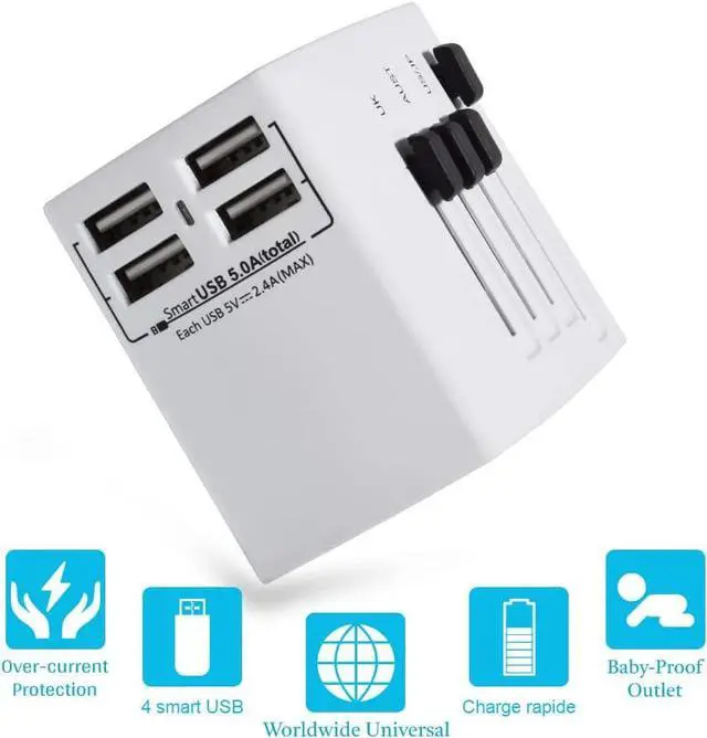 Alt view image 6 of 6 - Worldwide Universal Travel Power Adapter, 2000W International Adaptor with 4 USB Ports, UK/ EU/ AU/ US (200+ Countries) All-in-One Power Socket Wall Charger for America European Asia China (White)