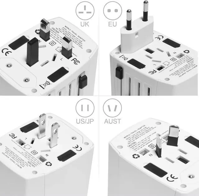 Alt view image 5 of 6 - Worldwide Universal Travel Power Adapter, 2000W International Adaptor with 4 USB Ports, UK/ EU/ AU/ US (200+ Countries) All-in-One Power Socket Wall Charger for America European Asia China (White)