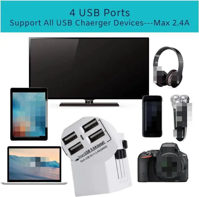 Alt view image 4 of 6 - Worldwide Universal Travel Power Adapter, 2000W International Adaptor with 4 USB Ports, UK/ EU/ AU/ US (200+ Countries) All-in-One Power Socket Wall Charger for America European Asia China (White)