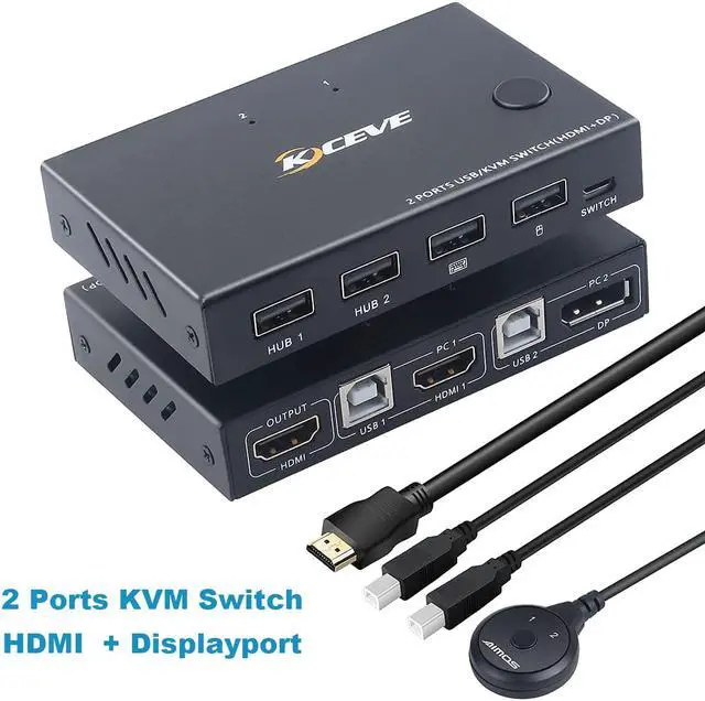 Main image of 2 Ports Displayport HDMI KVM Switch Box, USB Displayport and HDMI KVM Switcher for 2 Computers Sharing One HD Monitor and 4 USB Devices Keyboard Mouse Printer, with DP to HD MI Adapter Function