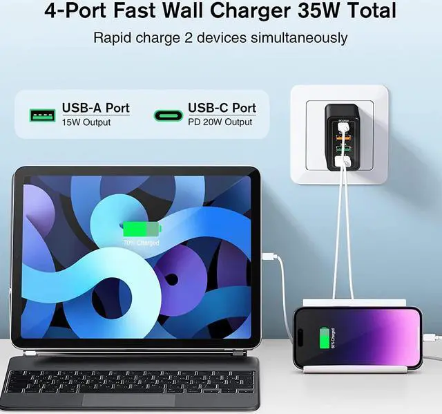 Alt view image 2 of 7 - [2 PACK, Black] 35W USB C Fast Charger Upgraded Wall Charger Block, 2-Pack 4 Ports Power Delivery Fast Type C USB A Charging Block Plug Adapter Compatible for Galaxy S10+ S9+ Note 10+ Note 9+