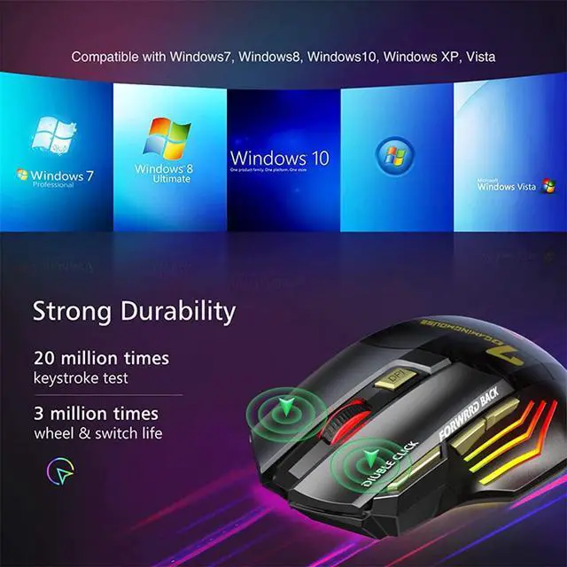 Alt view image 7 of 7 - 2.4G Wireless + Bluetooth Rechargeable Gaming Mouse, 4 DPI Adjustable, 6 Buttons, 7 Color RGB LED Breathing Light, 2.4G Low Noise Computer Optical Mouse (Wireless+Bluetooth)